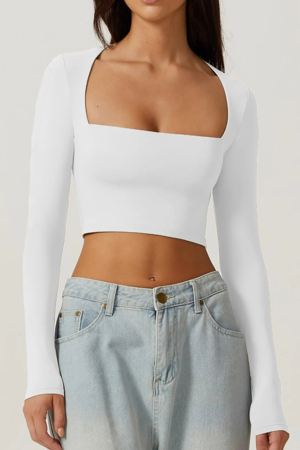 Women Spring Europe Nightclub Long Sleeve T-shirt Sexy Style Low-cut Square Collar Women's Crop Tops Solid Color Top T-shirt