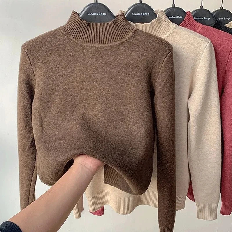 Winter Thicken Half Turtleneck Sweater Women Pulls Oversized 4xl Sueter Warm Knit Tops Velvet Lined Slim Soft Knitwears Pullover