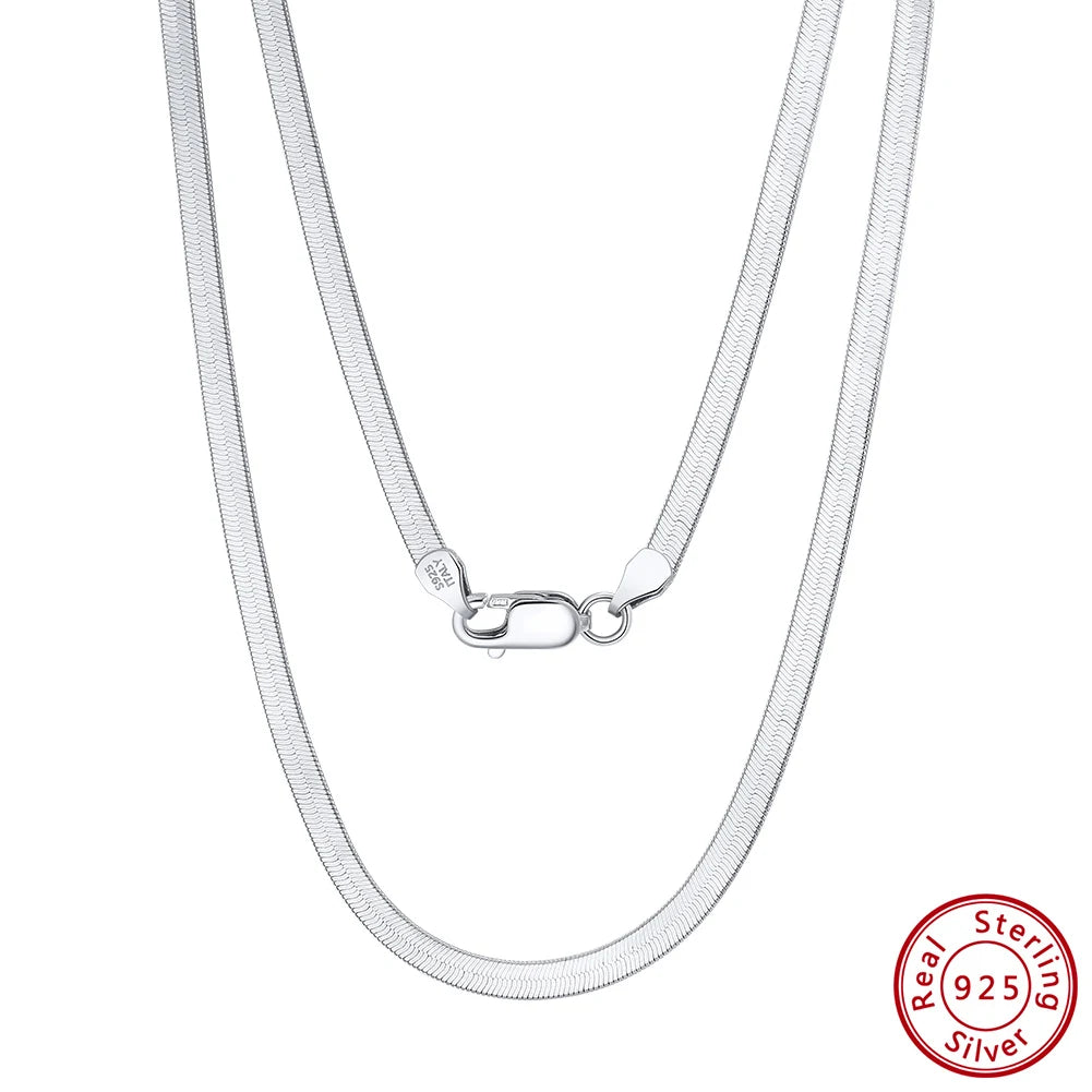 BSC35-3 Rhodium Over Genuine 925 Sterling Silver Italian Solid 3mm Flexible Flat Herringbone Chain Necklace for Men Women