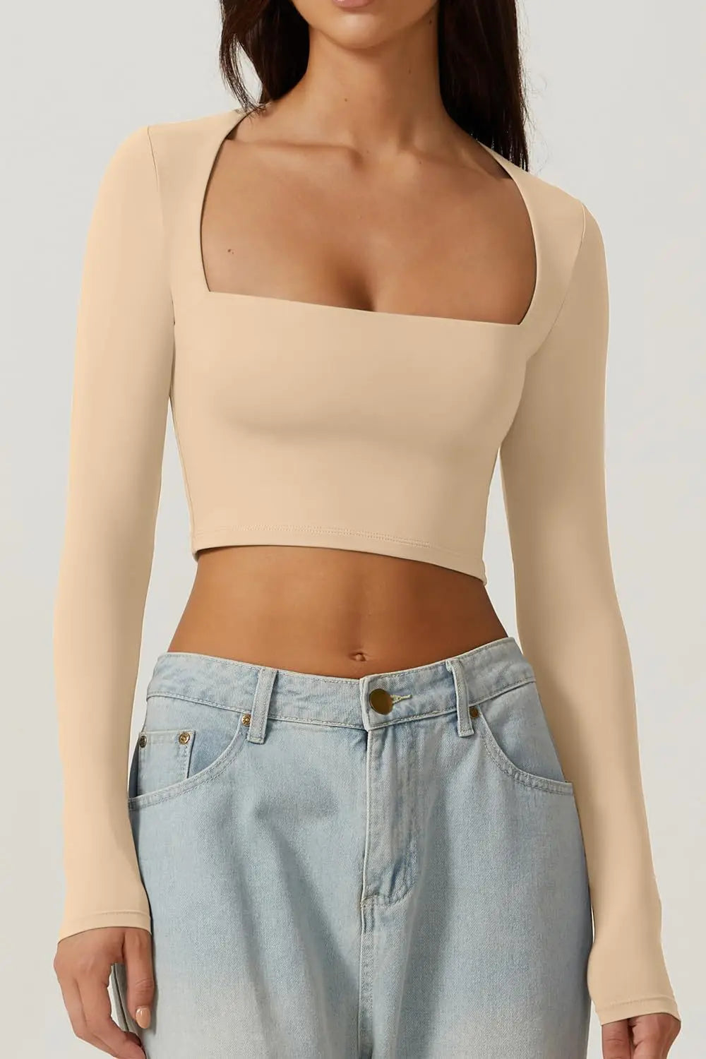 Women Spring Europe Nightclub Long Sleeve T-shirt Sexy Style Low-cut Square Collar Women's Crop Tops Solid Color Top T-shirt