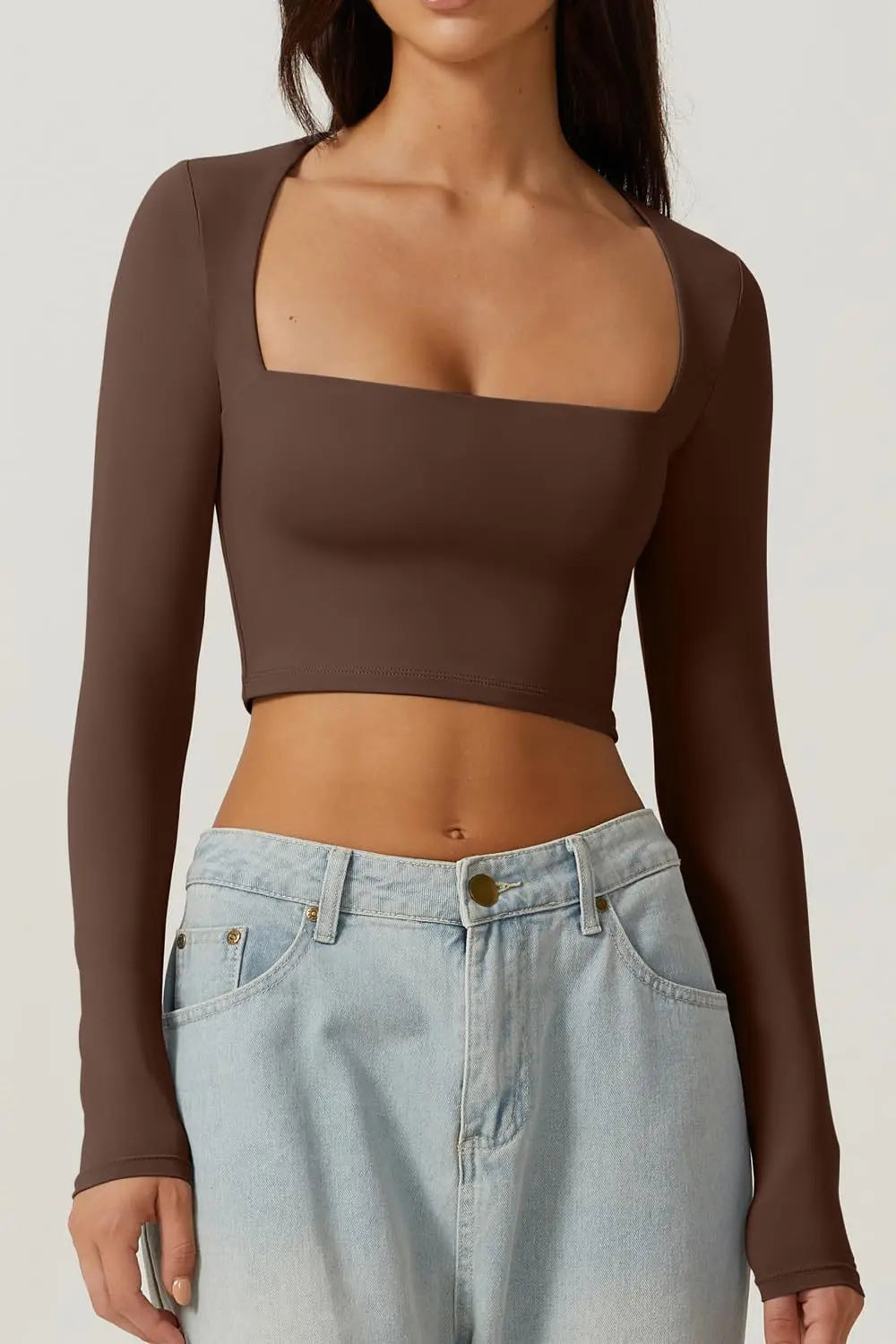 Women Spring Europe Nightclub Long Sleeve T-shirt Sexy Style Low-cut Square Collar Women's Crop Tops Solid Color Top T-shirt