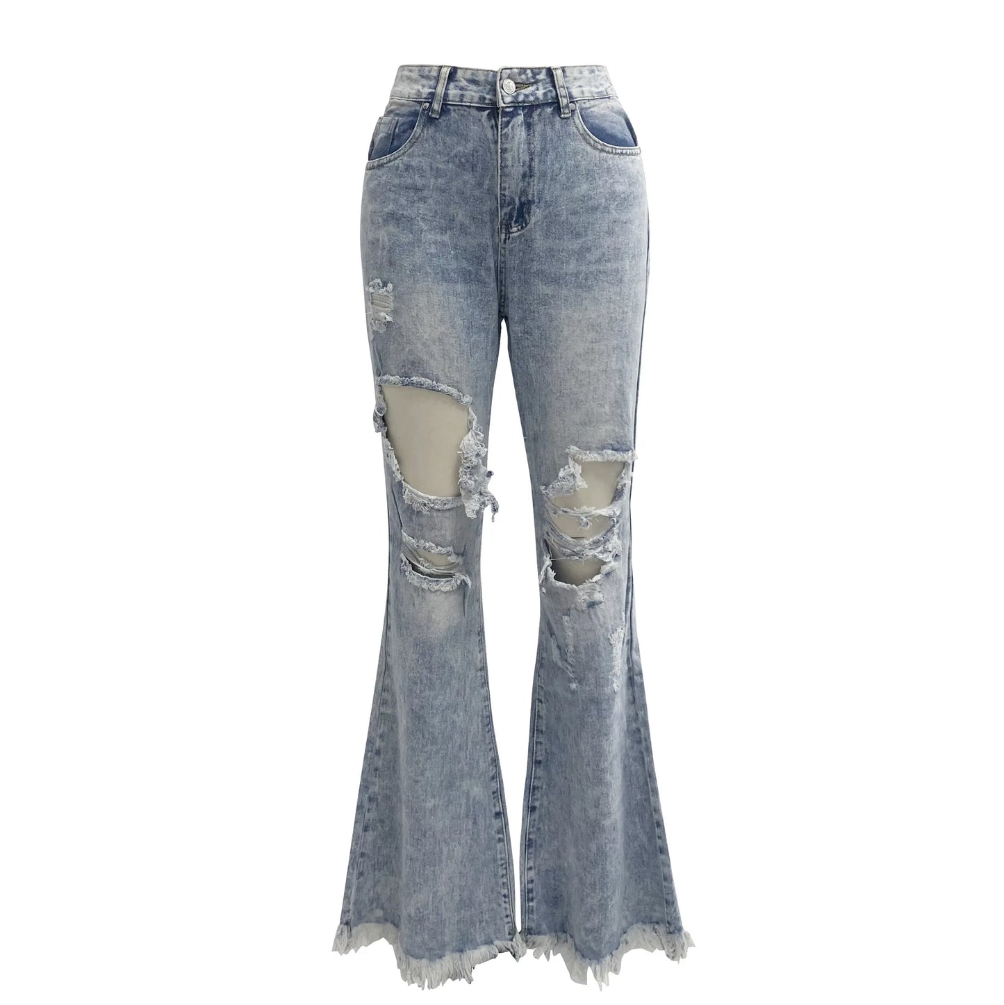 Womens Ripped Fringed Clothes Straight Trousers Ladies Blue Loose Wide Leg Mop Flared Pants Women's Baggy Casual Denim Jeans