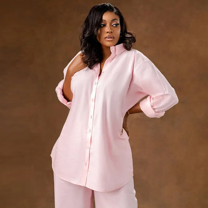 Boutique Wholesale 2025 Summer New Fashion Lapel Loose Long Sleeved Shirt Casual Pants Women's Set