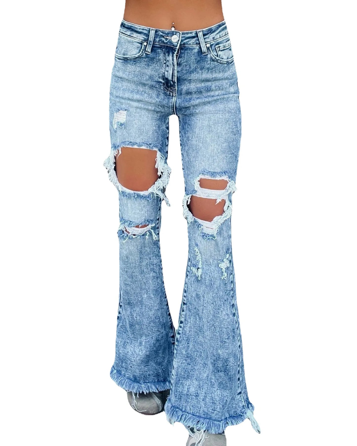 Womens Ripped Fringed Clothes Straight Trousers Ladies Blue Loose Wide Leg Mop Flared Pants Women's Baggy Casual Denim Jeans