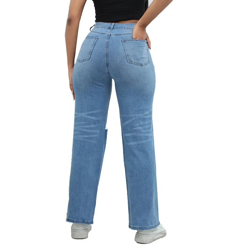 New Design Women's Jean Pants High Waist Straight Leg Denim Pants Female Jeans Trousers Ripped Distressed Denim Pants