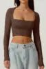 Women Spring Europe Nightclub Long Sleeve T-shirt Sexy Style Low-cut Square Collar Women's Crop Tops Solid Color Top T-shirt