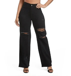 New Design Women's Jean Pants High Waist Straight Leg Denim Pants Female Jeans Trousers Ripped Distressed Denim Pants