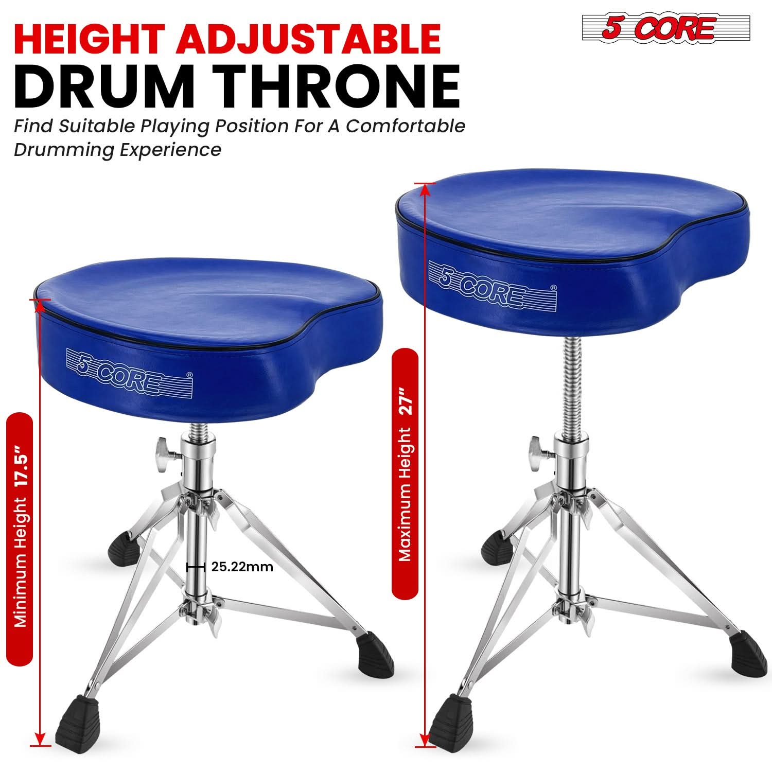 5 Core Drum Throne 4" Padded Guitar Stool Drummer Chair Adjustable Musician Seat-2