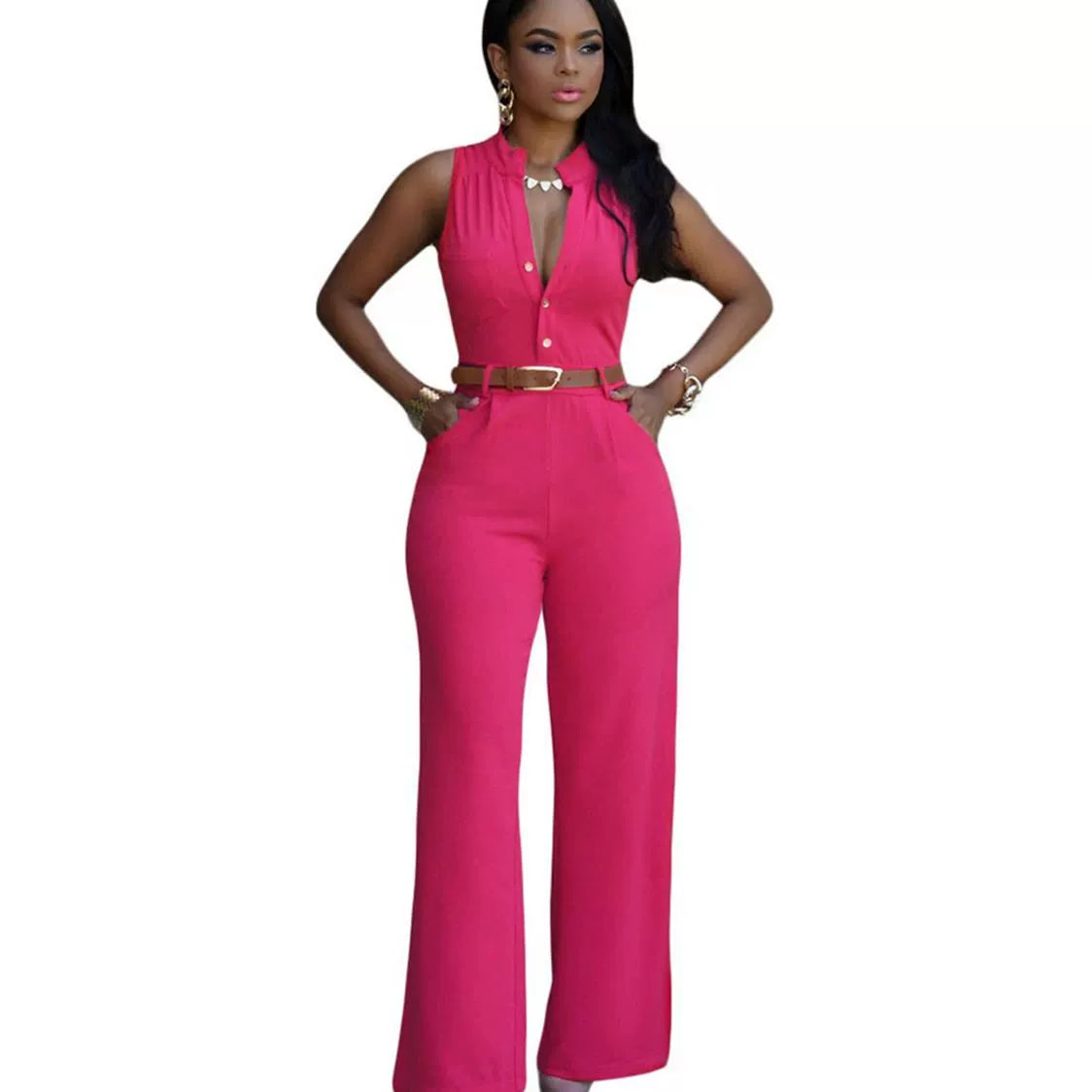 Wide Leg Jumpsuits with Belt Single-Breasted High Waist Loose Pants Jumpsuit 2197