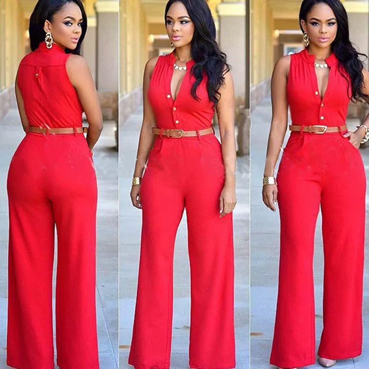Wide Leg Jumpsuits with Belt Single-Breasted High Waist Loose Pants Jumpsuit 2197