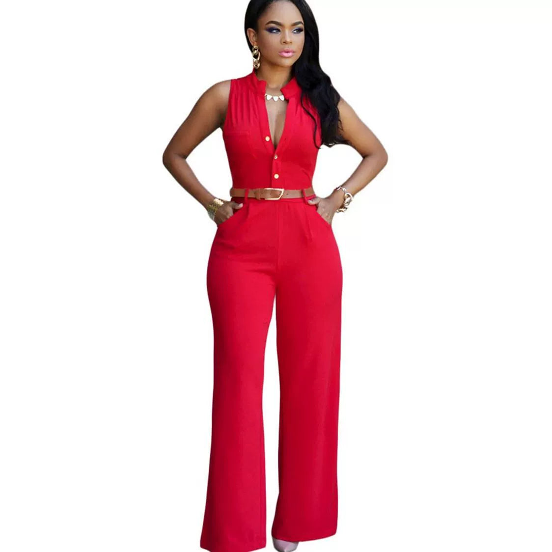 Wide Leg Jumpsuits with Belt Single-Breasted High Waist Loose Pants Jumpsuit 2197