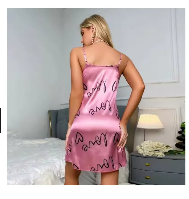 Sleepwear Women's Sexy Lingerie Heart Print Nightdress Scoop Neck Criss Cross Back Sleepdress Nightgowns Pajamas Nighties