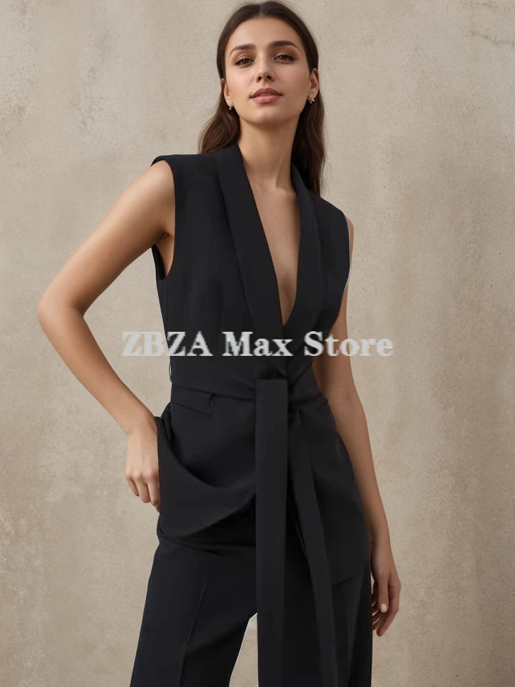 Women's Vest Coat Trousers Suit Sleeveless Lapel Belted Tuxedo Vest High Waist Zip  Fluid Straight Leg Pants Female Fashion Suit