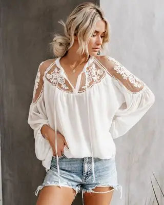 Women Chiffon White Pullover Shirt Casual Lace Patchwork Casual Loose Black Autumn Spring Offcie Lady Blouse Tops Fall Blusas