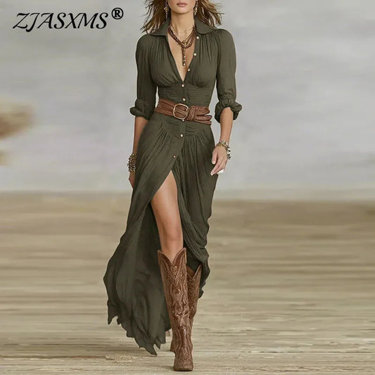 Female Clothing Fashion Solid Lapel Button Pleated Irregular Dress Woman Autumn Long Sleeve Belted Slim Split Long Dresses Mujer