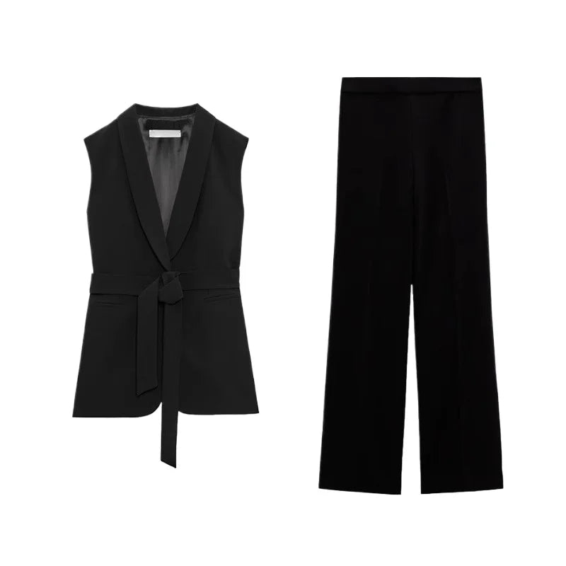Women's Vest Coat Trousers Suit Sleeveless Lapel Belted Tuxedo Vest High Waist Zip  Fluid Straight Leg Pants Female Fashion Suit