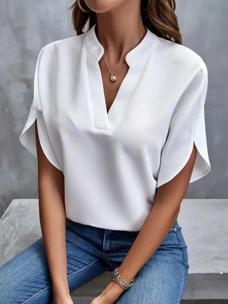 Women Spring Summer Style Blouses Shirts Lady Casual Short Split Sleeve V-Neck Off Shoulder Solid Color Blusas Tops DF4999