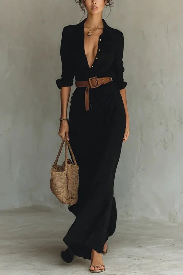 Women's Fashion Solid Holiday Party Dress Elegant Lapel Button Draped Long Dress Casual Long Sleeve Match With Belt Shirt Dress