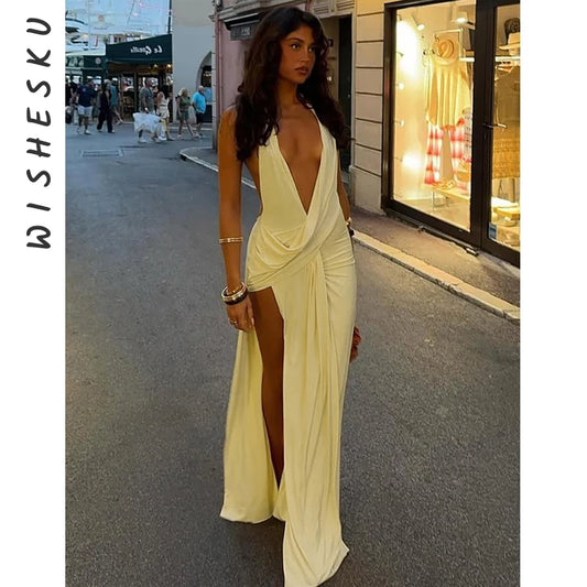 Deep V Neck Backless Ruched Sexy Maxi Dress Women High Slit Gown Summer Halter Sleeveless Draped Club Party Long Dress 2025