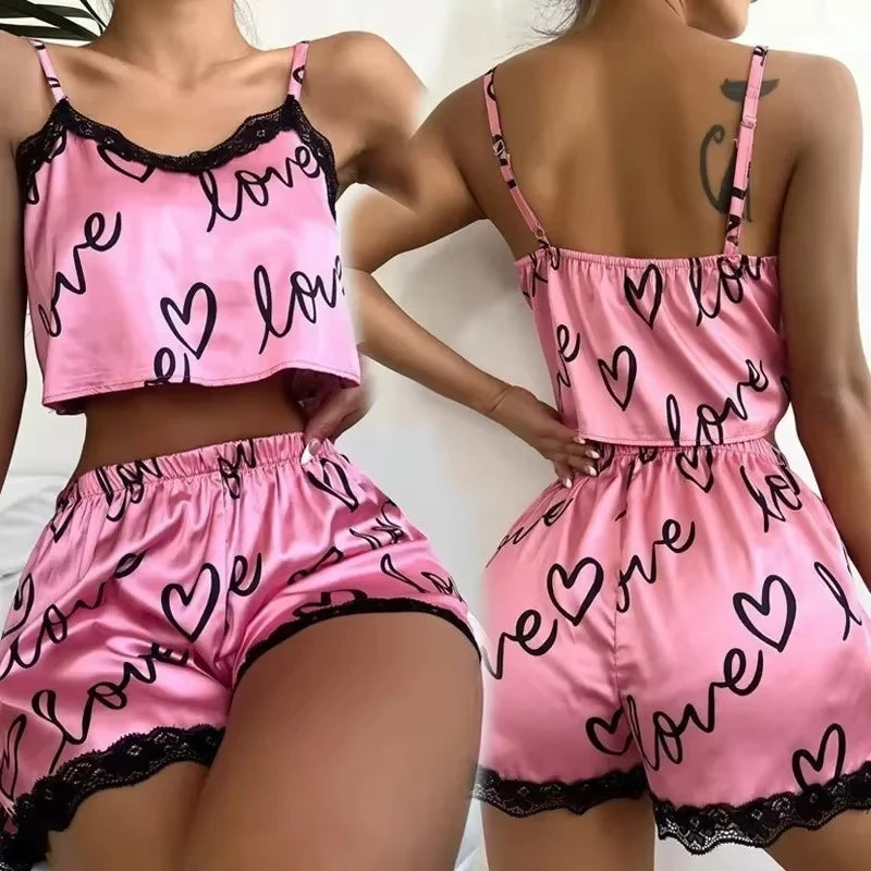 2 Pieces Set Women'S Pajama Shorts Suit Homewear Print Underwear Pijama Sexy Lingerie Camisoles Tanks Nighty Ladies Sleepwear