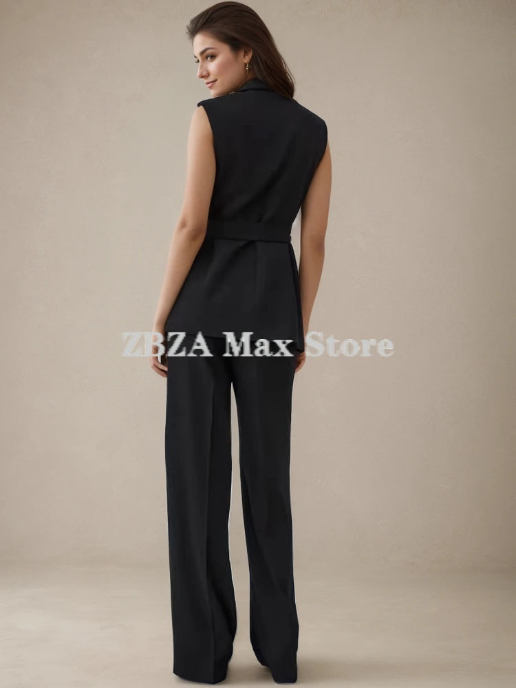 Women's Vest Coat Trousers Suit Sleeveless Lapel Belted Tuxedo Vest High Waist Zip  Fluid Straight Leg Pants Female Fashion Suit