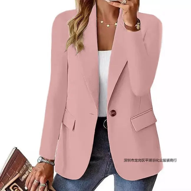 Europe and The United States Fashion Solid Color Single Button Suit Jacket, Women's Autumn Leisure Slim Small Suit with Pockets