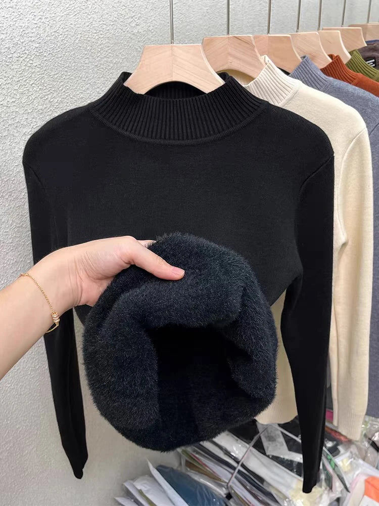 Winter Thicken Half Turtleneck Sweater Women Pulls Oversized 4xl Sueter Warm Knit Tops Velvet Lined Slim Soft Knitwears Pullover