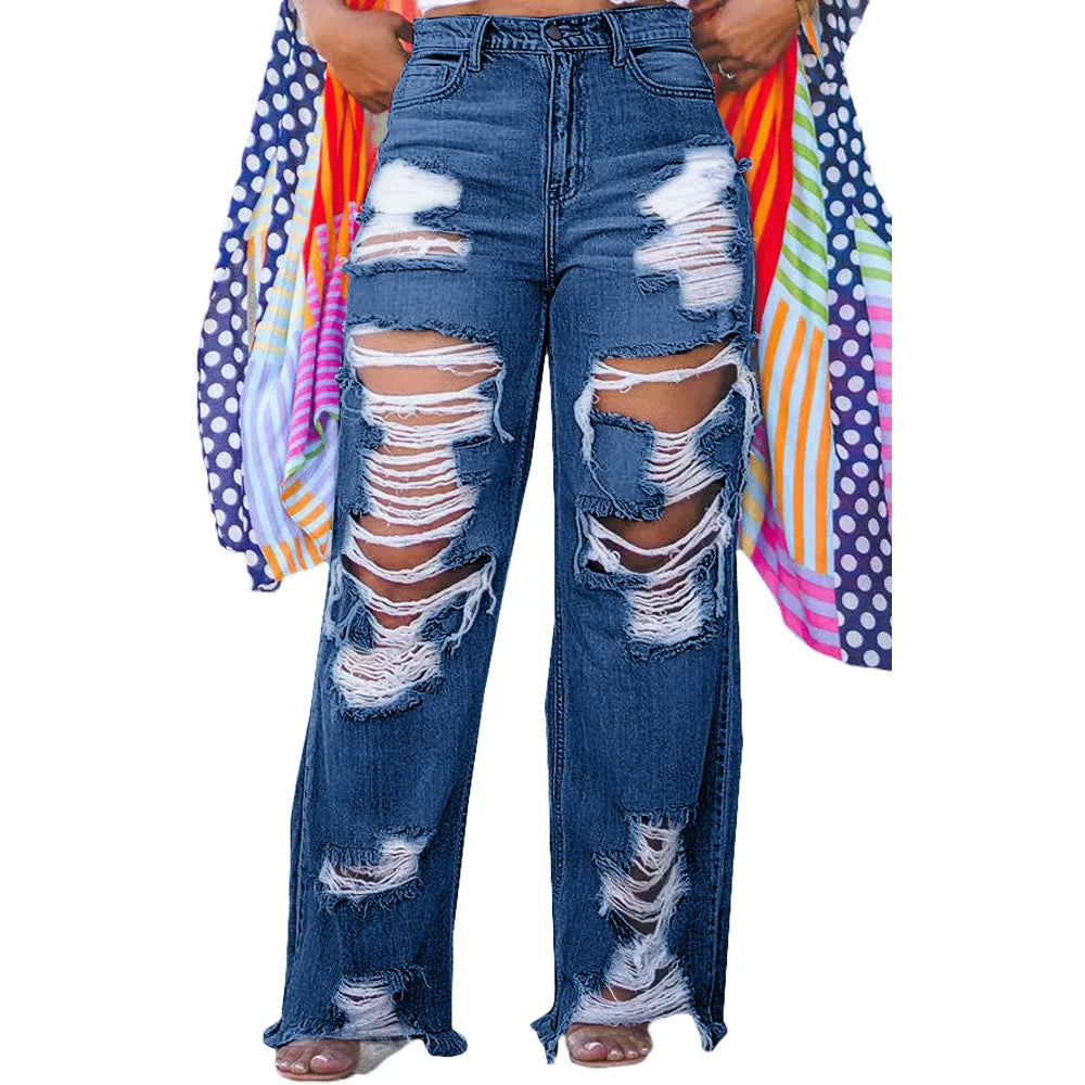 Womens Casual Loose Ripped Denim Pants High Waist Boyfriend Destroyed Distressed Wide Leg Jeans Daily Wear Street Y2K Jeans