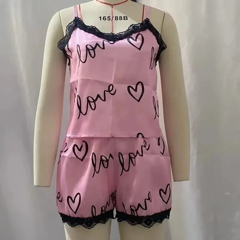 2 Pieces Set Women'S Pajama Shorts Suit Homewear Print Underwear Pijama Sexy Lingerie Camisoles Tanks Nighty Ladies Sleepwear