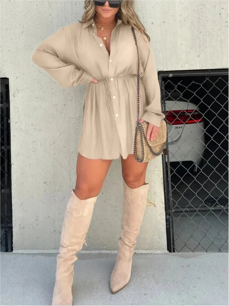 Autumn Women's New Fashion Solid Color Long Sleeved Single Breasted Lace Up Waist Cinching Shirt Short Pants Two-piece Set
