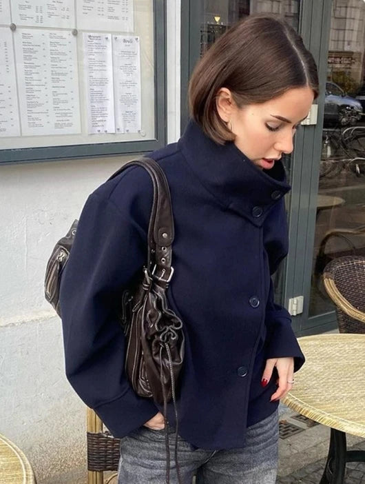 Elegant Women's Short Woolen Coats Loose Stand Collar Double Breasted Pocket Full Sleeve Jacket 2025 Autumn Lady Street Outwear