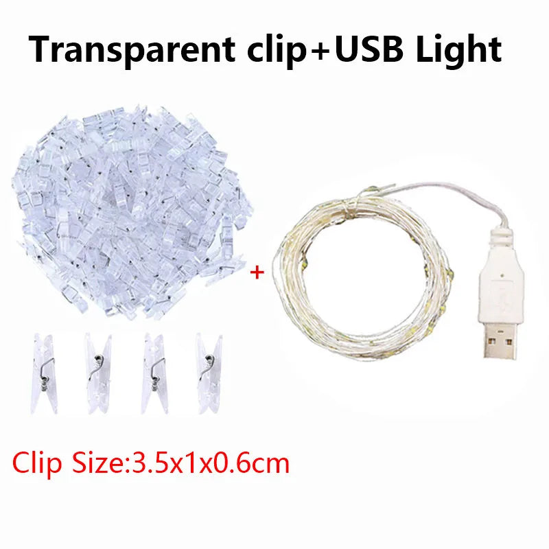 LED String Lights 2M/5M/10M Photo Clip Fairy Lights Outdoor USB Operated Garland Christmas Tree Decoration Wedding Decor