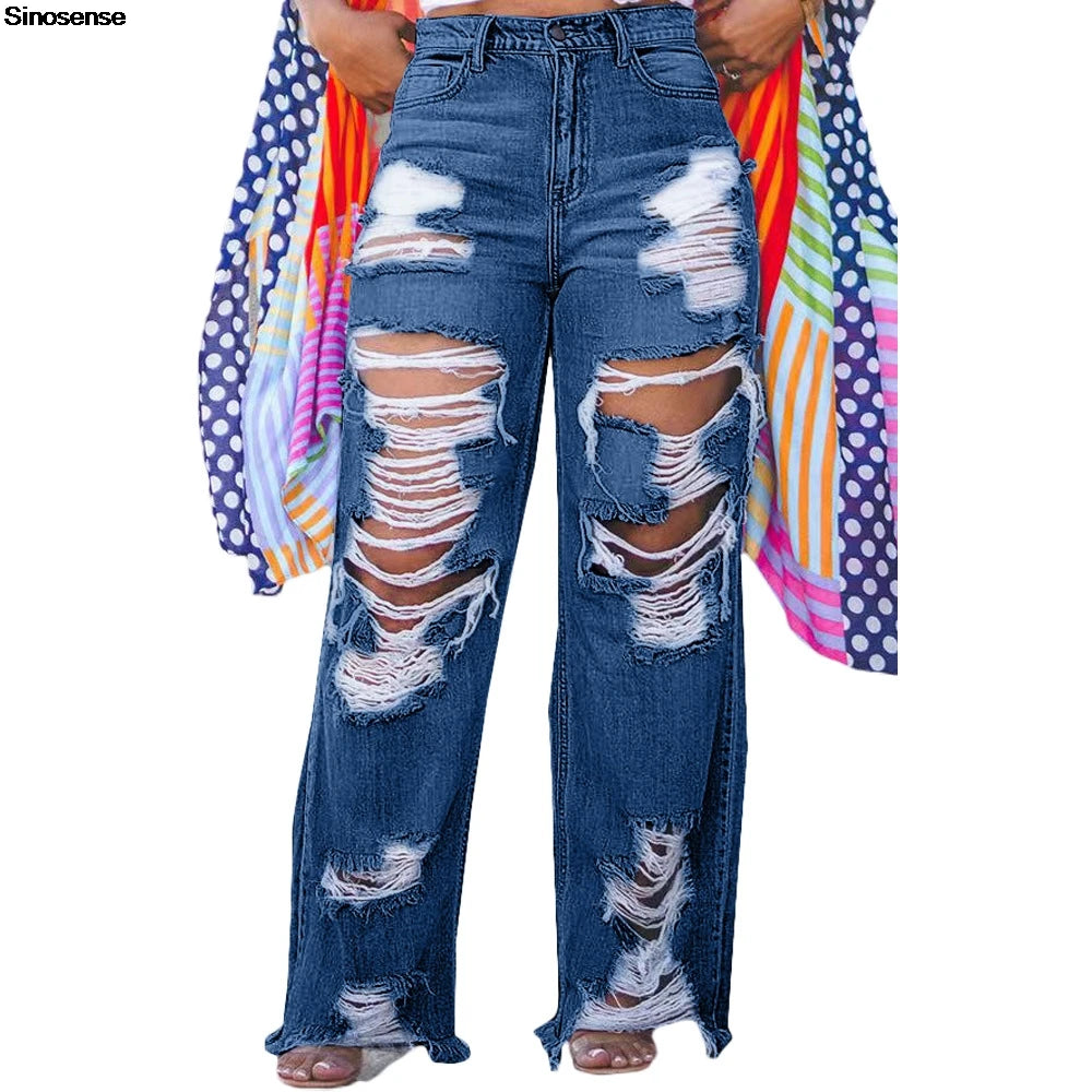 Womens Casual Loose Ripped Denim Pants High Waist Boyfriend Destroyed Distressed Wide Leg Jeans Daily Wear Street Y2K Jeans