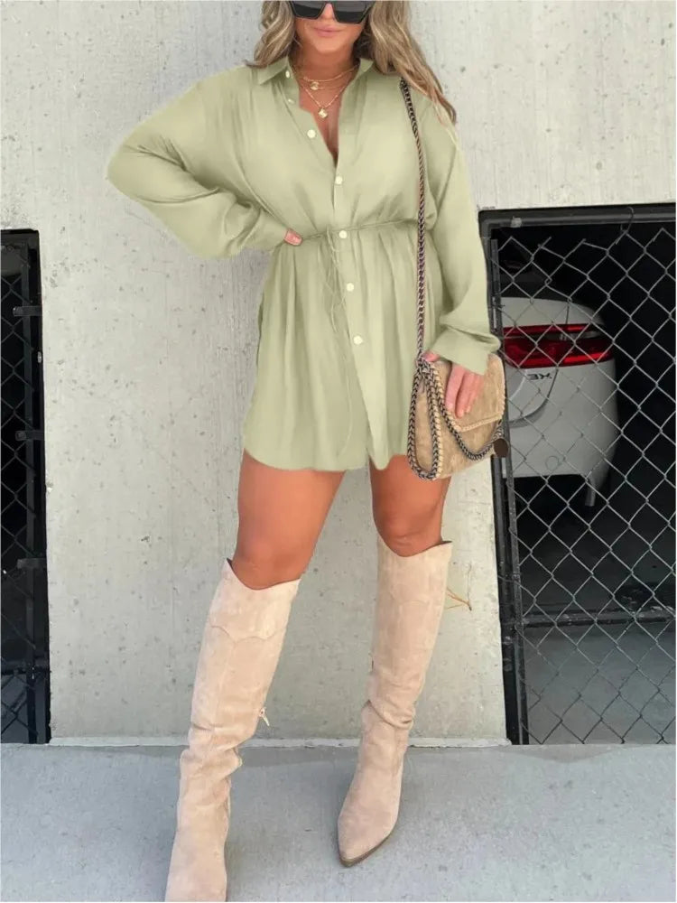 Autumn Women's New Fashion Solid Color Long Sleeved Single Breasted Lace Up Waist Cinching Shirt Short Pants Two-piece Set
