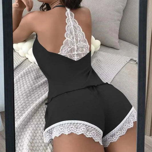 Women Pajama Set Elegant Lace Summer Pajama Set with Backless Design Spaghetti Strap Vest Elastic Waist Shorts for Women