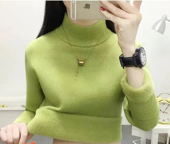 Winter Thicken Half Turtleneck Sweater Women Pulls Oversized 4xl Sueter Warm Knit Tops Velvet Lined Slim Soft Knitwears Pullover