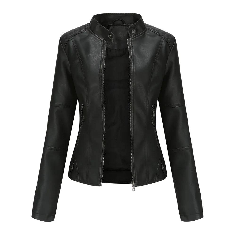 Women's Slim Fit Leather Jacket with  Motorcycle Suit, Large Standing Collar,  Autumn Black zipper outdoor leather top