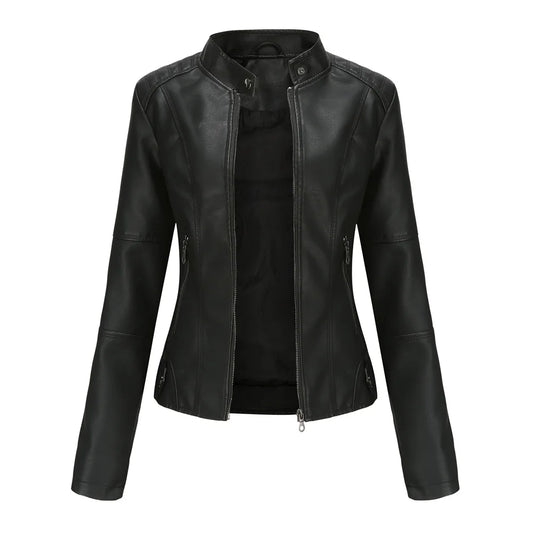 Women's Slim Fit Leather Jacket with  Motorcycle Suit, Large Standing Collar,  Autumn Black zipper outdoor leather top
