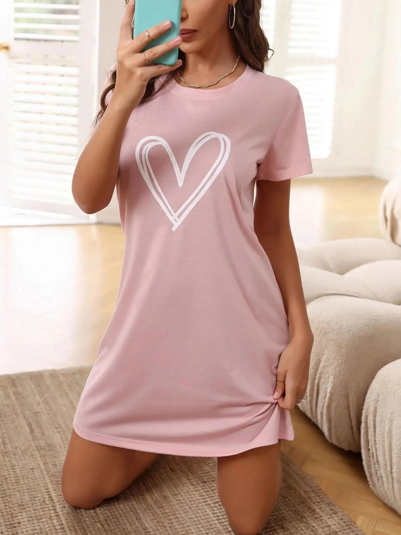 Plus Size Loungewear Nightdress Women's Heart Print Short Sleeve Sexy Crew Neck Home Dress Sexy Nightwear Romantic Ladies