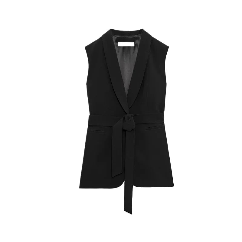 Women's Vest Coat Trousers Suit Sleeveless Lapel Belted Tuxedo Vest High Waist Zip  Fluid Straight Leg Pants Female Fashion Suit