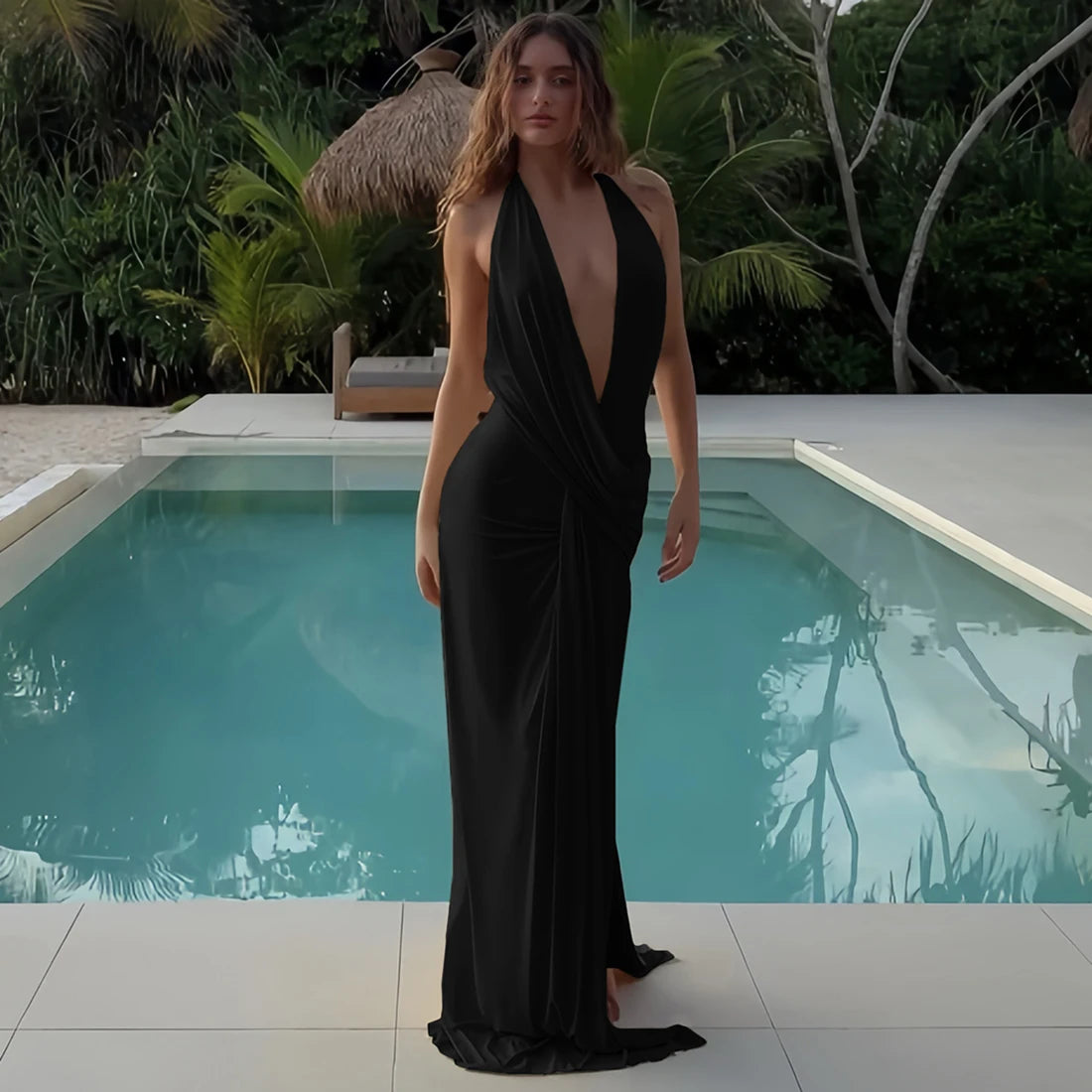 Deep V Neck Backless Ruched Sexy Maxi Dress Women High Slit Gown Summer Halter Sleeveless Draped Club Party Long Dress 2025