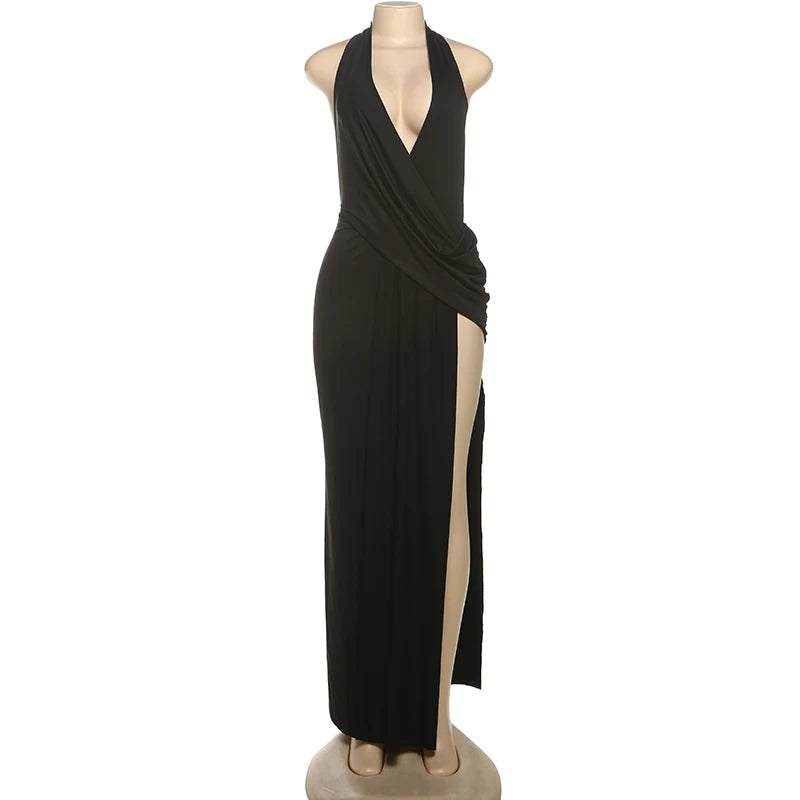 Deep V Neck Backless Ruched Sexy Maxi Dress Women High Slit Gown Summer Halter Sleeveless Draped Club Party Long Dress 2025