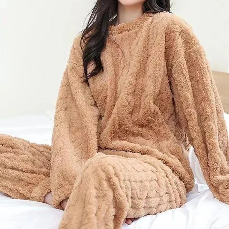 2 Piece Sets Autumn Women Solid Warm Thicken Velvet Ribbed Fleece Set Pullover and Pants Women Casual Pajama Sets