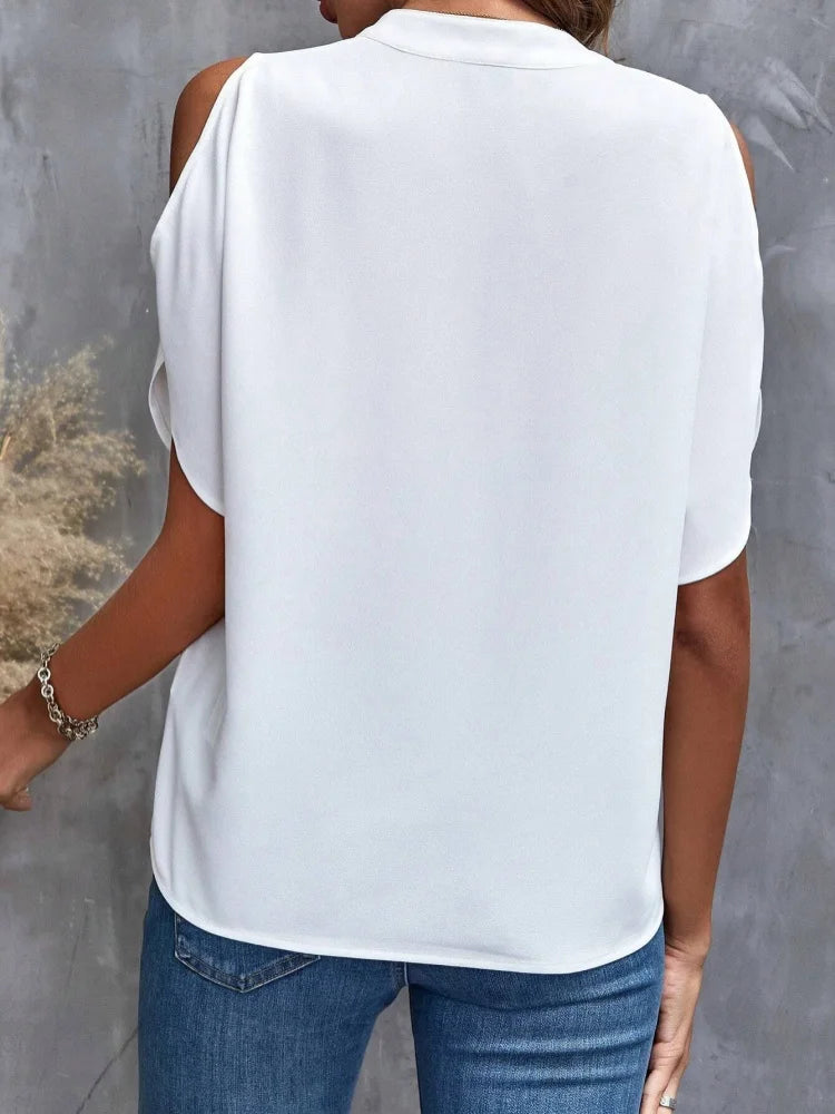 Women Spring Summer Style Blouses Shirts Lady Casual Short Split Sleeve V-Neck Off Shoulder Solid Color Blusas Tops DF4999