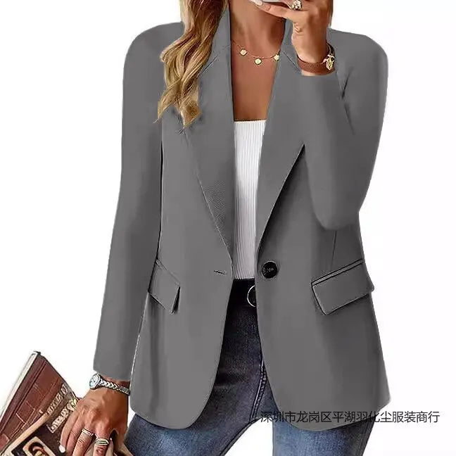Europe and The United States Fashion Solid Color Single Button Suit Jacket, Women's Autumn Leisure Slim Small Suit with Pockets