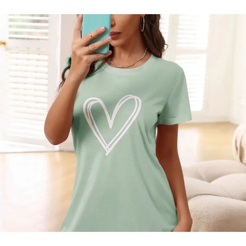 Plus Size Loungewear Nightdress Women's Heart Print Short Sleeve Sexy Crew Neck Home Dress Sexy Nightwear Romantic Ladies