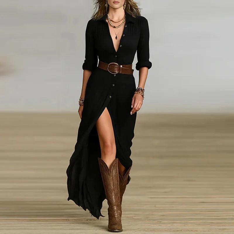 Female Clothing Fashion Solid Lapel Button Pleated Irregular Dress Woman Autumn Long Sleeve Belted Slim Split Long Dresses Mujer