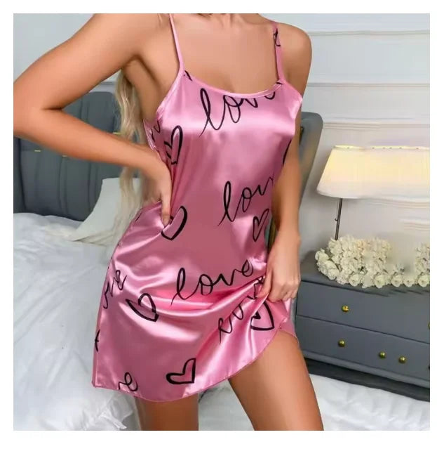 Sleepwear Women's Sexy Lingerie Heart Print Nightdress Scoop Neck Criss Cross Back Sleepdress Nightgowns Pajamas Nighties