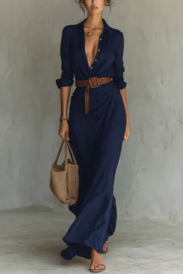 Women's Fashion Solid Holiday Party Dress Elegant Lapel Button Draped Long Dress Casual Long Sleeve Match With Belt Shirt Dress