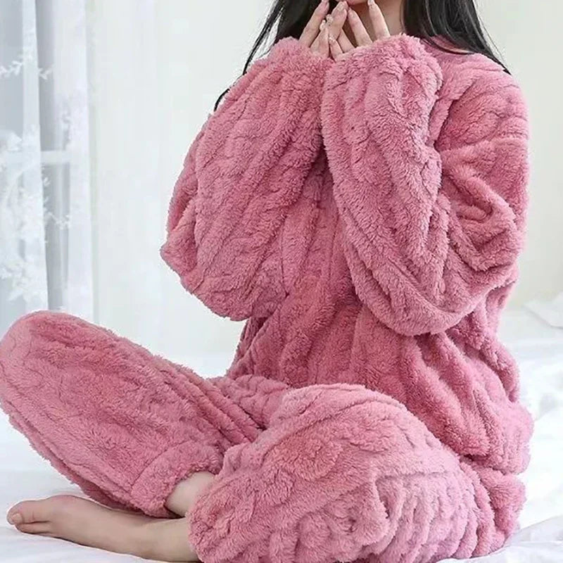 2 Piece Sets Autumn Women Solid Warm Thicken Velvet Ribbed Fleece Set Pullover and Pants Women Casual Pajama Sets